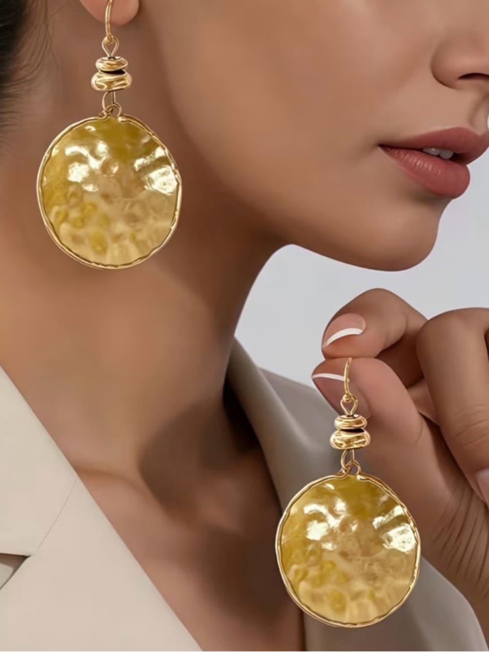 Hammered Gold Disc Drop Earrings - Women Jewelry